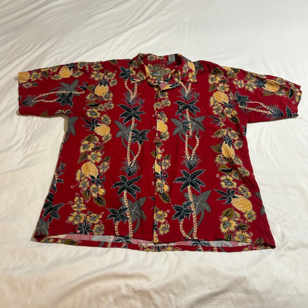 Pineapple Connection Mens Hawaiian Shirt Red Rayon Tropical Pineapple Palm Large